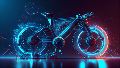 Fototapeta na wymiar Cyberpunk neon electric bike. blue Concept background. Futuristic style, concept bike with neon wheels. Generative AI
