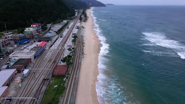 Jeongdongjin, Gangwon-do, Korea's sea, East Sea, Waves Beach, Rail Road, Train, Aerial View