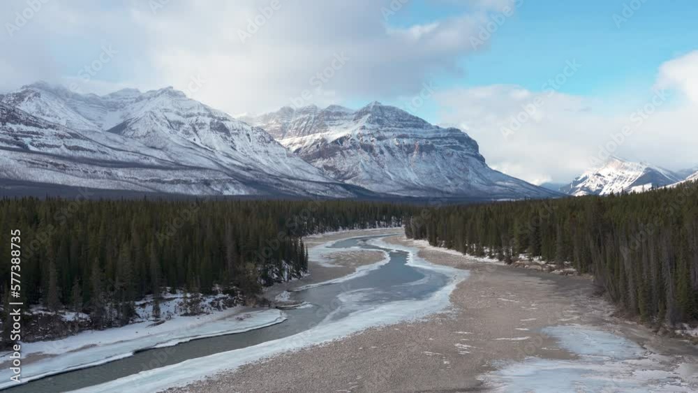 Wall mural snowy rocky mountains on frozen river in pine forest on winter at icefields parkway