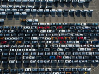 New cars parked in a parking lot in the port of Vigo to be loaded and shipped all over the world. Cars from the PSA factory in Vigo