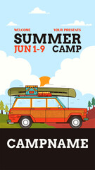Adveture Summer Camp Social media post template with retro camper car. Classic camping invitation stories design. Stock vector poster graphics