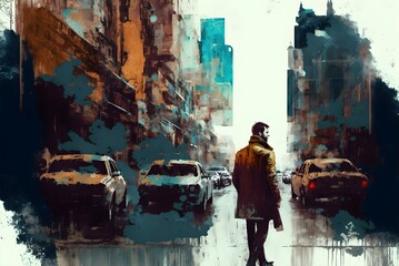 man walking in city street with abstract painting texture, illustration art, Generative AI