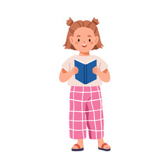 Cute girl reading aloud. Happy child reader with book in hands. Kid character studying, holding textbook, notebook. Elementary education concept. Flat vector illustration isolated on white background