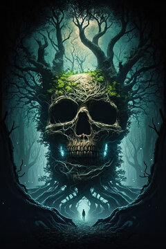 An illustration of a creepy skull tree, Generative AI
