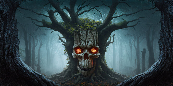 creepy skull tree in a horror forest, glowing eyes, Generative AI