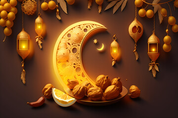 Ramadan kareem background . Golden Ramadan moon decor with Islamic rosary beads and dates fruit. Generative AI