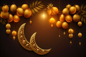 Ramadan kareem background . Golden Ramadan moon decor with Islamic rosary beads and dates fruit. Generative AI