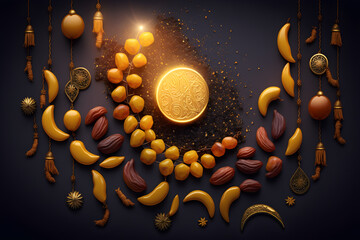 Ramadan kareem background . Golden Ramadan moon decor with Islamic rosary beads and dates fruit. Generative AI
