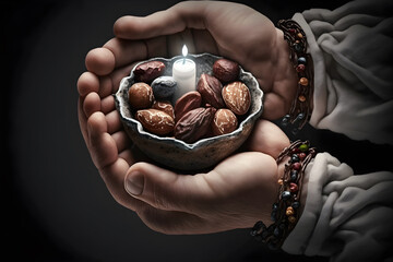 Ramadan Kareem background concept hands holding rosary bean. Generative AI