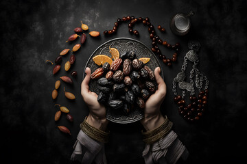 Ramadan Kareem background concept hands holding rosary bean. Generative AI