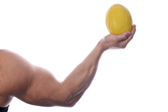 Strong fit muscular male holding a honeydew melon in his right hand transparent PNG