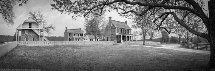 Black and white Appomattox Court House National Park landscape, the American Civil War battle site...