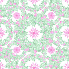 Floral ornament. Watercolor. Green branches and pink flowers. Seamless pattern