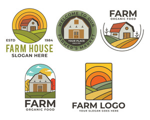 Farm Logos vector templates set with barn and farmer landscape. Locally grown badges design. Eco logotypes. Stock vector emblems isolated on white background