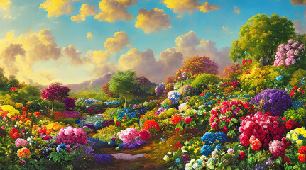 Paradise garden full of flowers, beautiful idyllic  Paradise garden full of flowers, beautiful idyllic  background with many flowers in eden, 3d illustration with vivid colors. Generative Ai. - obrazy, fototapety, plakaty
