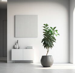 Modern minimalist interior with a plant in a fashionable vase on a white wall background