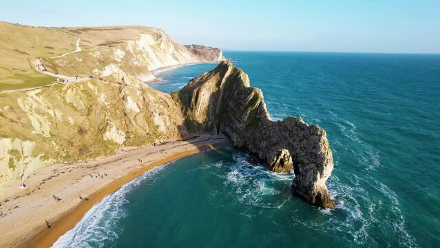 Durdle Door, UK - Flying in towards rock