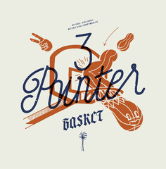 3 pointer basket. Wobbly basketball character bouncing off the backboard and flying through the hoop. Basketball vintage typography silkscreen vector illustration.