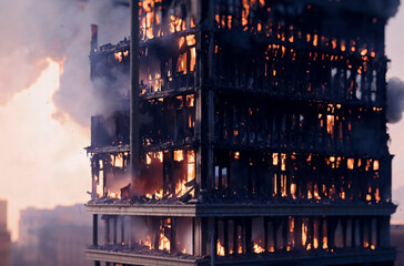A burning apartment building. House fire. Generative AI.