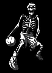 Basketball skeleton. Detailed skeleton in shorts and sneakers with basketball. Basketball character isolated.