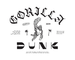 Gorilla Dunk. Basketball player gorilla slam dunk vintage typography silkscreen t-shirt print vector illustration.