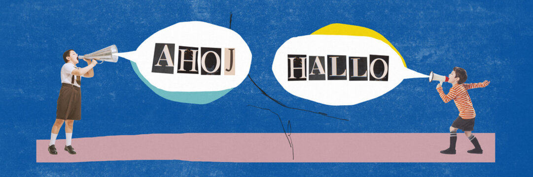 Contemporary art collage. Concept of education, studying foreign languages, social media, influencer, popularity, modern lifestyle and ad - Powered by Adobe