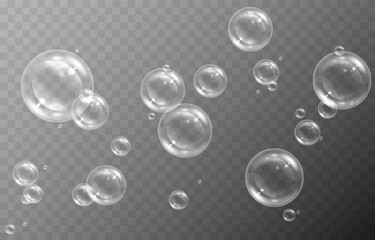 Soap bubbles on an isolated transparent background. Soap bubbles png. Soap, detergent, shampoo. Vector illustration.
