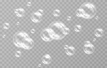 Soap bubbles on an isolated transparent background. Soap bubbles png. Soap, detergent, shampoo. Vector illustration.