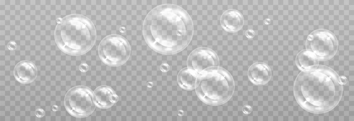 Soap bubbles on an isolated transparent background. Soap bubbles png. Soap, detergent, shampoo. Vector illustration.