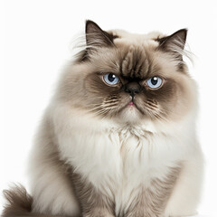 Adorable himalayan cat portrait looking at camera on white isolated background as concept of domestic pet in ravishing hyper realistic detail by Generative AI.
