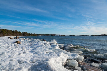 View of the coast and Gulf of Finland in winter, Kopparnas, Inkoo, Finland