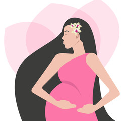A pregnant woman with long hair in a pink dress and yellow orchids in her hair. Flat vector illustration