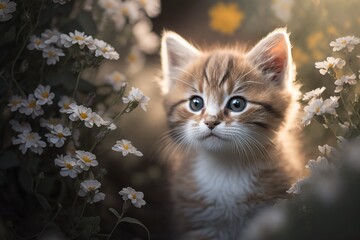 Obraz premium Little angora kitten in the daisy flower field, Generative AI