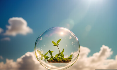 Sustainability: a bubble or soap bubble / glass ball with a healthy plant inside with a sky as background. Depicting conservation, protection and the environment. Wallpaper Banner