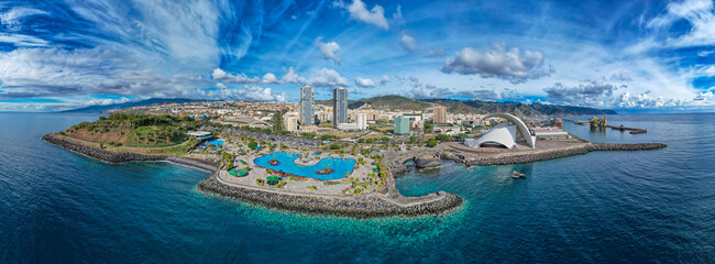 Aerial view above the beautiful city of Santa Cruz de Tenerife in the Canary Islands in Spain