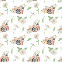 Watercolor seamless pattern brown retro cameras and white chamomiles png
