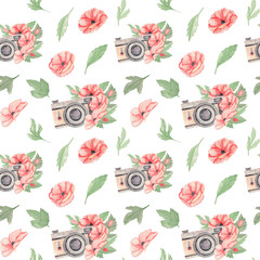Watercolor seamless pattern with retro camera and pink flowers png