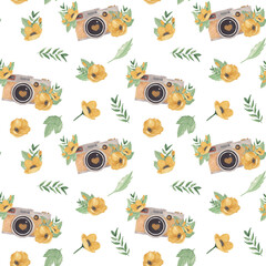 Watercolor seamless pattern gold retro camera and yellow flowers png