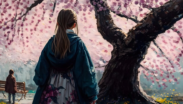 Girl by the sakura tree, oil paint. Generative AI