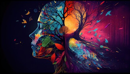 human brain concept. Creative part and colorful forest and nature. Colorful vector brain illustration, brain hand-drawn painting of forest nature. Non-existent person. Generative Ai - obrazy, fototapety, plakaty