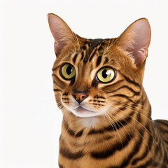 Adorable bengal cat portrait looking at camera on white isolated background as concept of domestic pet in ravishing hyper realistic detail by Generative AI.