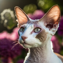 Ravishing hyper realistic portrait of happy cornish rex cat in natural outdoor lush with flower in background as concept of modern domestic pet by Generative AI. - obrazy, fototapety, plakaty