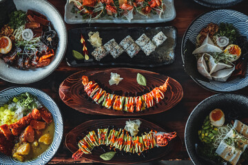 Savory Delights: A Top-Down View of Thai and Asian Cuisine. The colorful ingredients, intricate garnishes, and stunning presentation are a feast for the eyes 