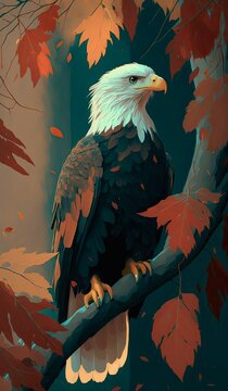 Cartoon painting of an american bald eagle among autumn leaves. Generative AI art.