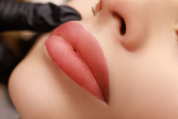 permanent makeup lips lips close-up after permanent makeup procedure - obrazy, fototapety, plakaty