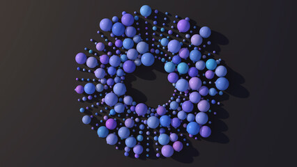 Circle with blue and purple balls. Abstract illustration, 3d render.