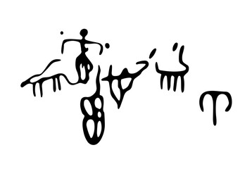 Rock petroglyphs depicting the invasion of predators and people defending domestic animals. Vector illustration of prehistoric rock petroglyphs discovered on the territory of Armenia
