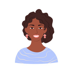Portrait of a happy black woman with afro curls. Young beautiful girl with a smile, hairstyle and earrings. Woman's face with African hairstyle. Flat vector illustration isolated on white background