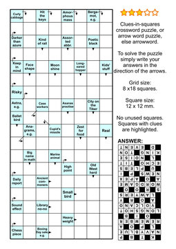 Clues-in-squares crossword puzzle, or arrow word puzzle, else arrowword, or scanword. Answer included.
