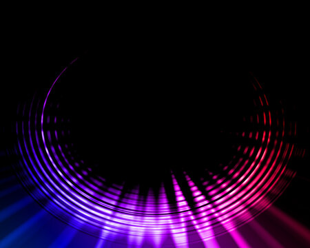 A black background with a circle with pink and blue lights.